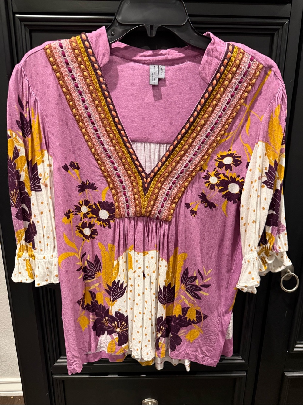 Boho Floral V-Neck Tunic in Pink-Lavender with Mustard Accents